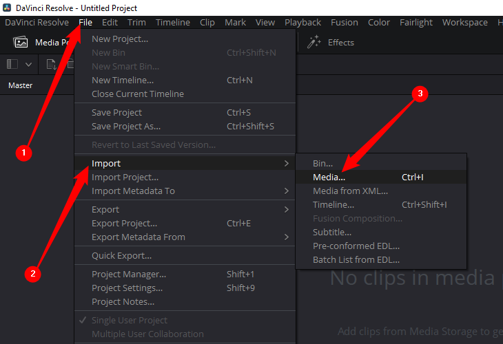 Импорт медиафайла в DaVinci Resolve