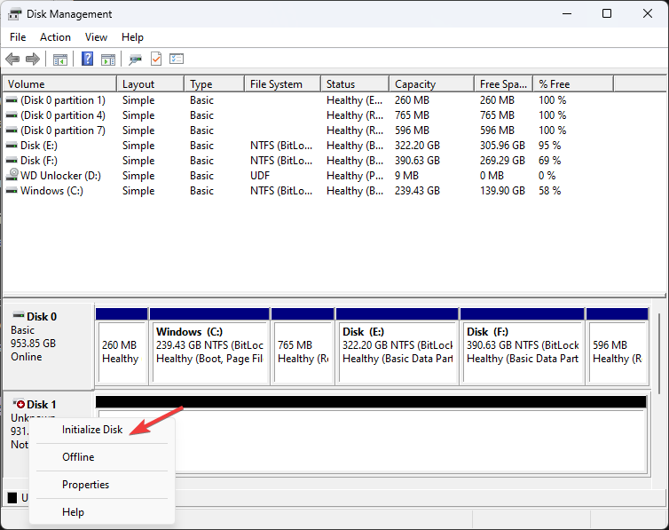 Окно Инициализация диска в Управлении дисками