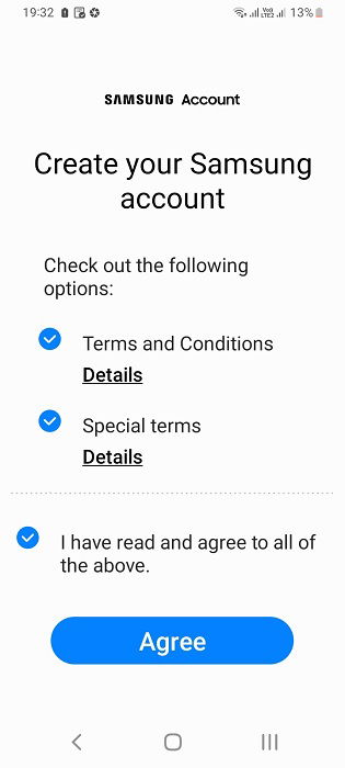 Создание учётной записи Samsung впервые на устройстве Samsung Galaxy. Подтверждение различных параметров.