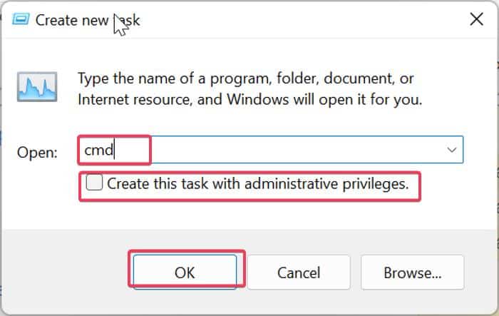 Cuadro para crear tarea con privilegios administrativos