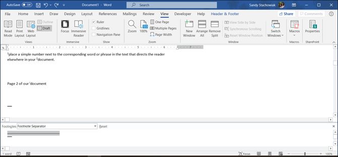 Разделитель в области сносок в Word