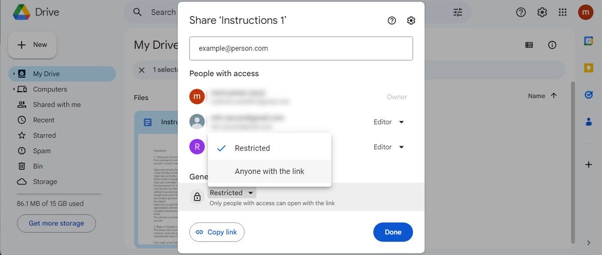 Настройка доступа к файлу по ссылке в Google Drive