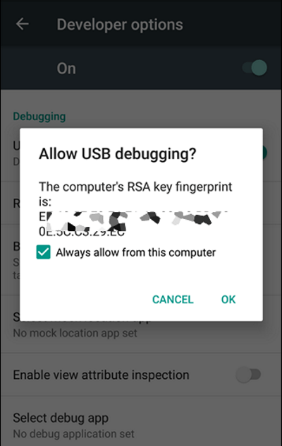 기기에서 USB 디버깅 허용을 묻는 팝업