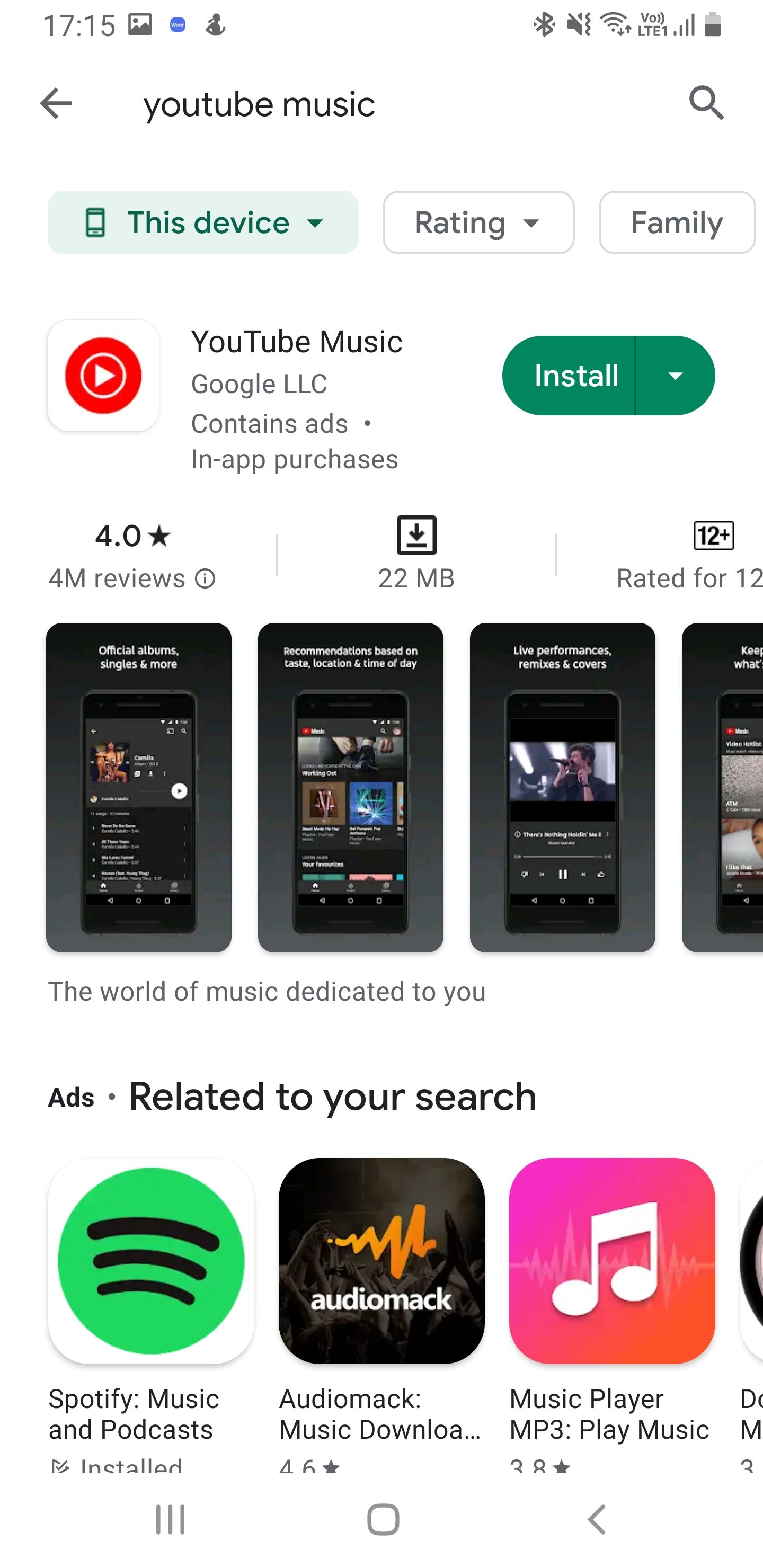 YouTube Music в Google Play Store — карточка приложения