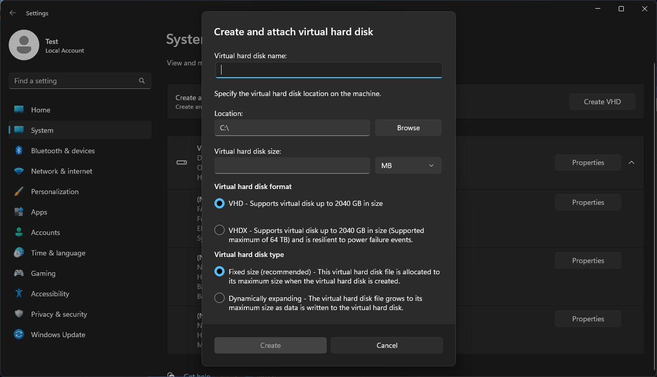 Скриншот диалога добавления виртуального диска через диск менеджер
