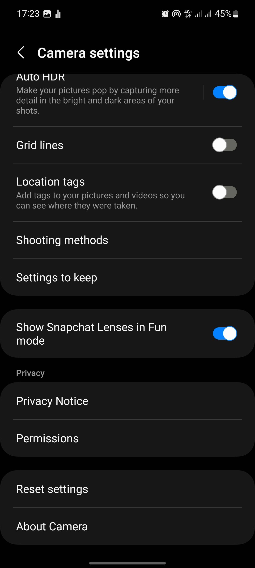 Нижняя часть настроек камеры Samsung