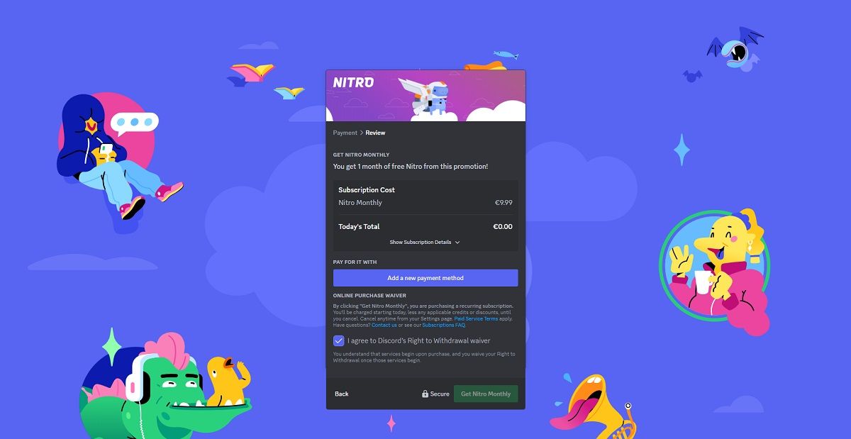 Выбор способа оплаты для подписки Nitro