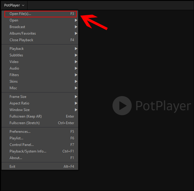 В PotPlayer щёлкните правой кнопкой по интерфейсу, затем выберите Open Files