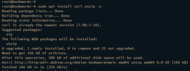 Установка unzip и curl, распаковка Nextcloud