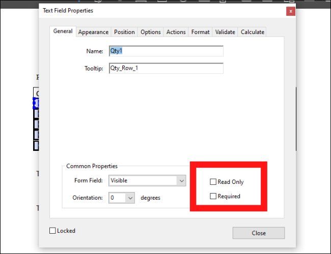Acrobat Text Field Properties