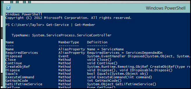 скриншот вывода Get-Member для Get-Service