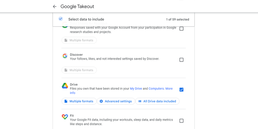 Выбор Google Drive в Google Takeout