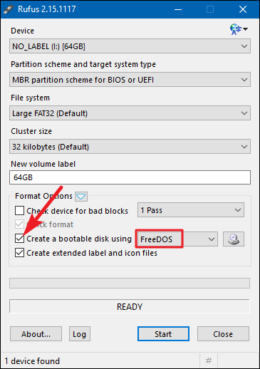 Опция создания загрузочного диска и выбор FreeDOS