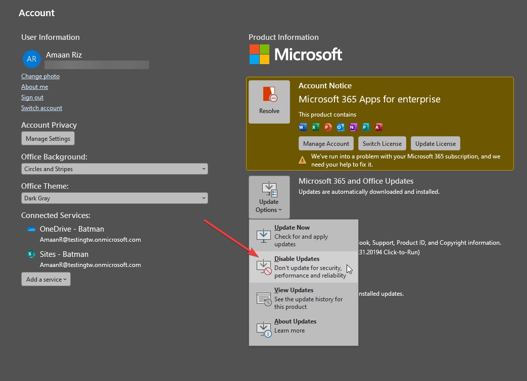 Отключить обновления Outlook
