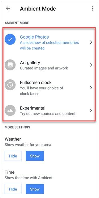 Настройки Ambient Mode с вариантами Google Photos, Art Gallery и другими