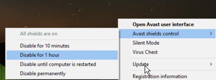 Настройки управления щитами Avast