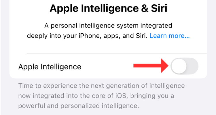 Опция включения Apple Intelligence после отключения.