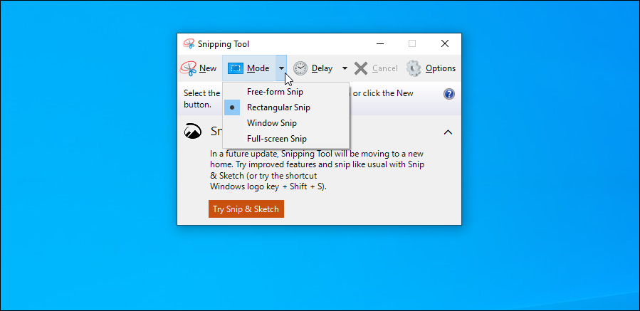 Окно приложения Snipping Tool в Windows 10