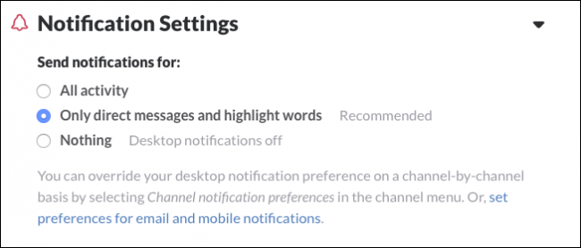 Окно общих предпочтений уведомлений