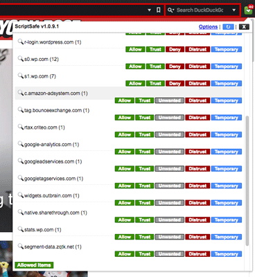 Panel de control de ScriptSafe con opciones por dominio