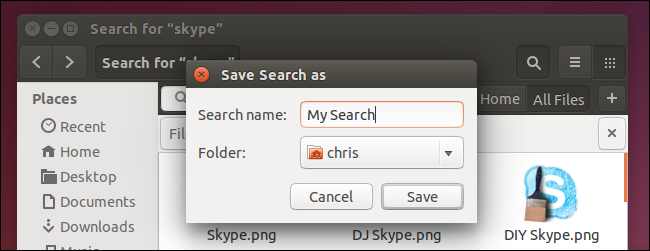 Окно сохранения поискового запроса в Nautilus с полем имени файла