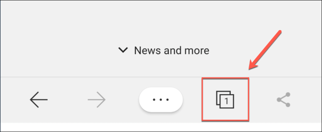 Значок вкладок в нижней панели Microsoft Edge на Android