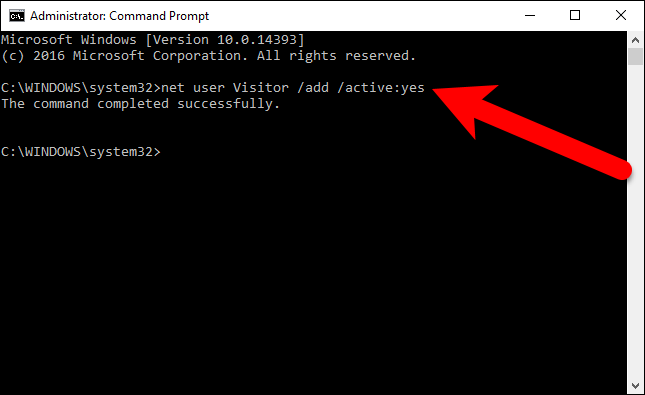 Команда net user Visitor /add /active:yes в Командной строке