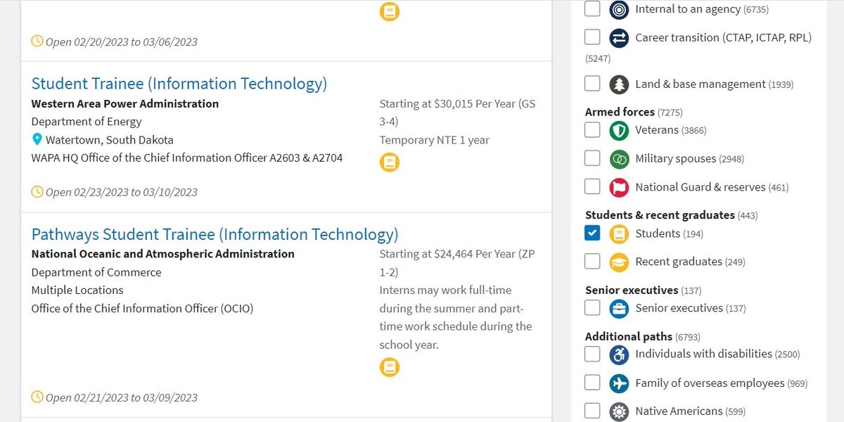 Фильтр Students на странице USAJobs.