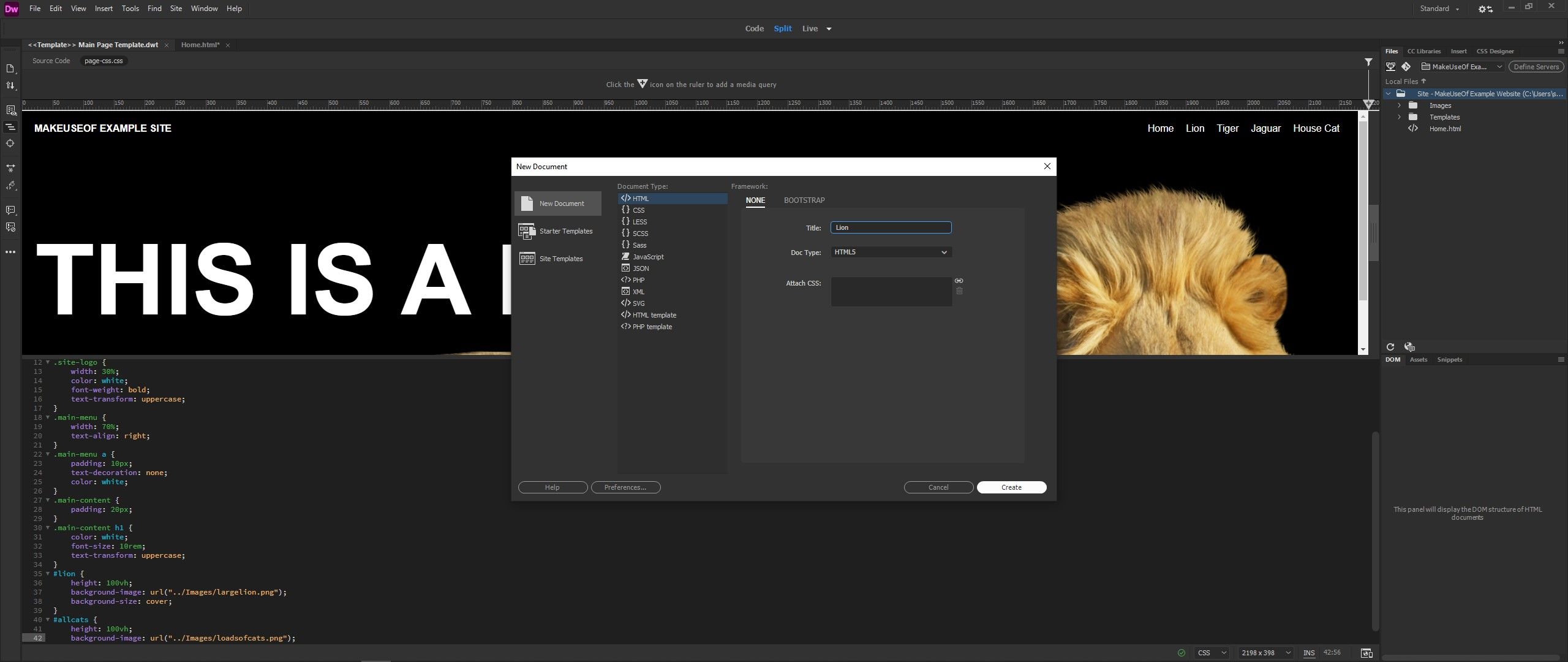 create new dreamweaver page