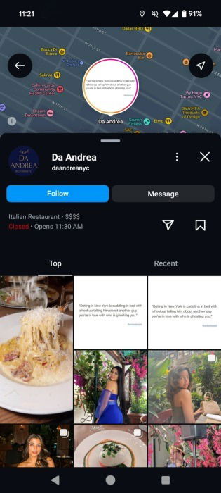 Карточка места с указанием локации в Instagram