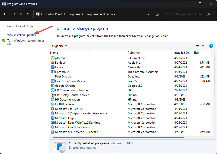Список установленных обновлений
