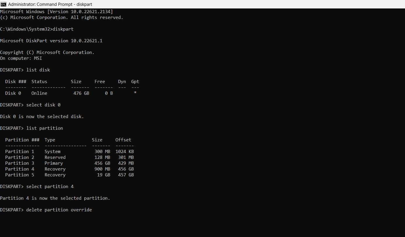 Команда delete partition override в Командной строке