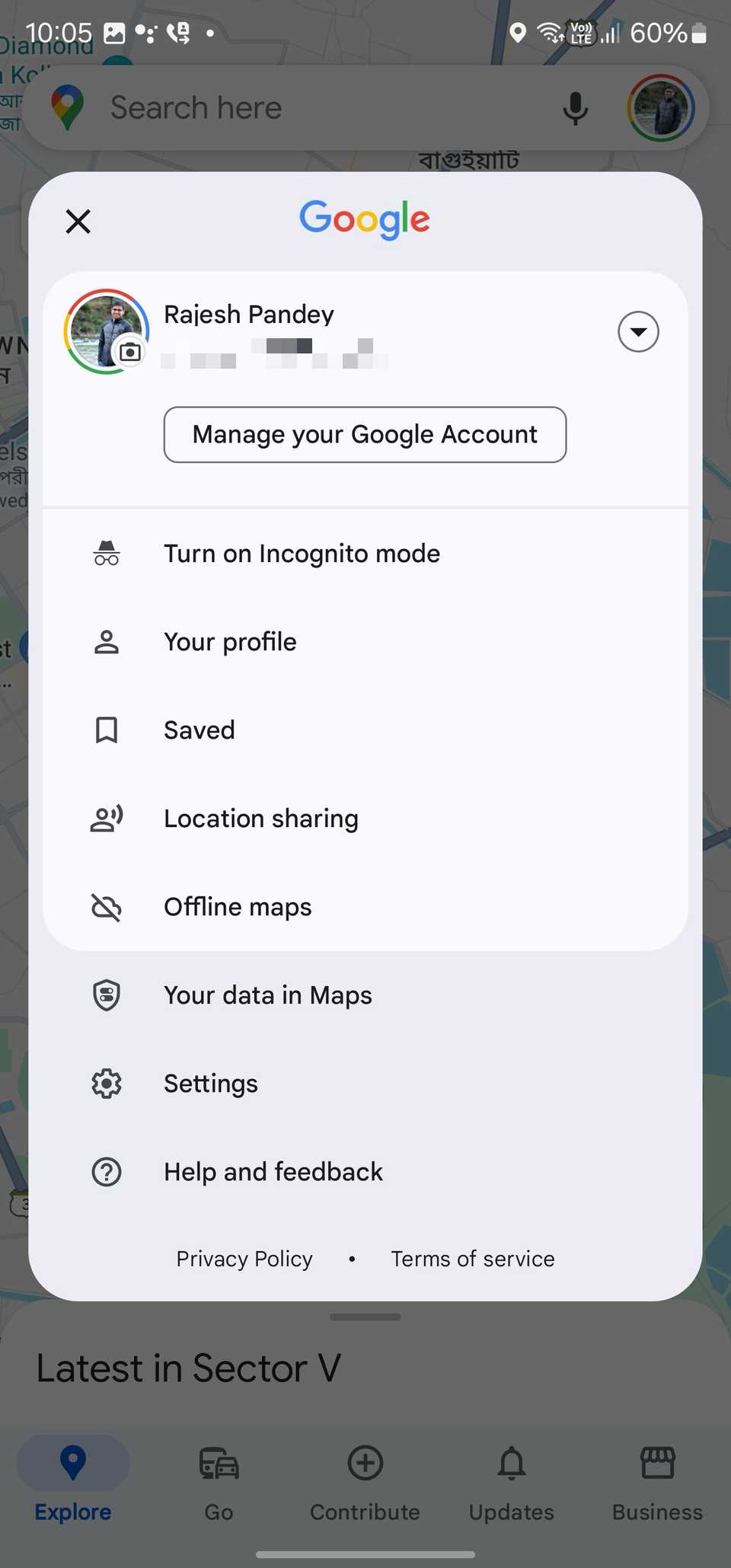Меню профиля Google Maps на Android раскрыто