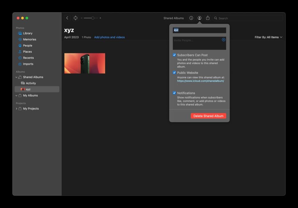 Ссылка на веб‑страницу общего альбома