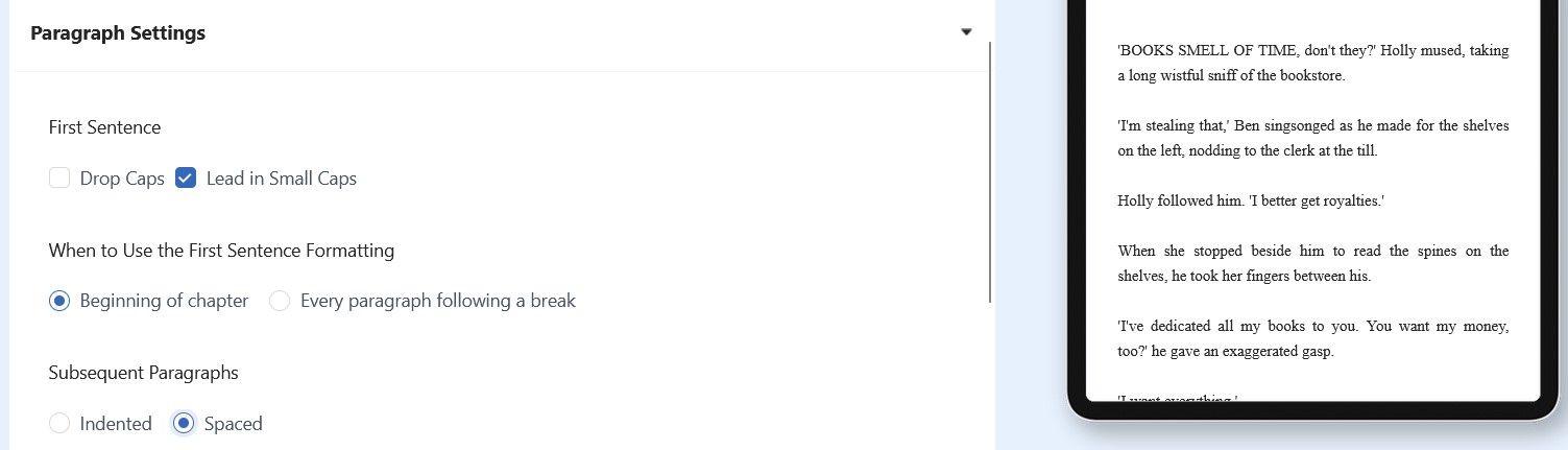 Параметры абзацев книги в приложении Atticus