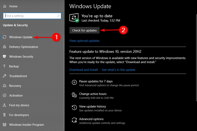 Центр обновления Windows, кнопка Проверить наличие обновлений