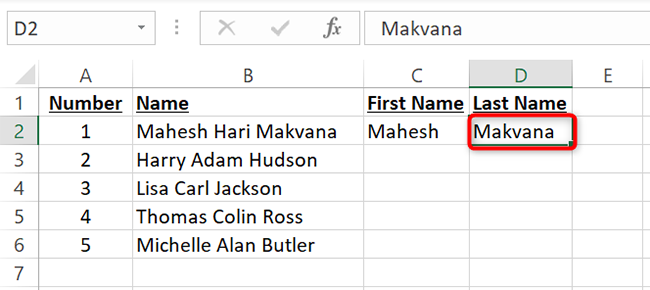 Click the D2 cell and manually enter the last name.