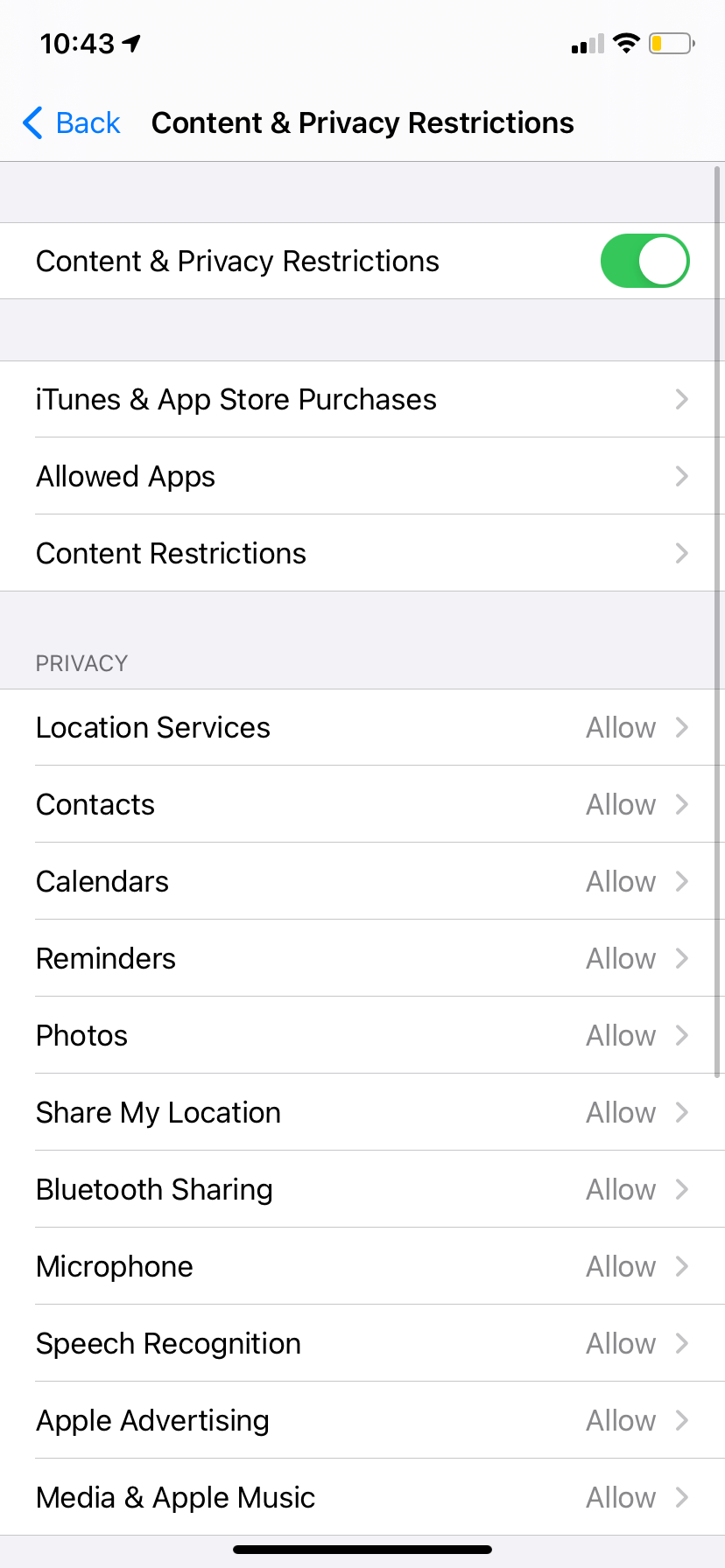 Экран Ограничения контента и конфиденциальности на iPhone