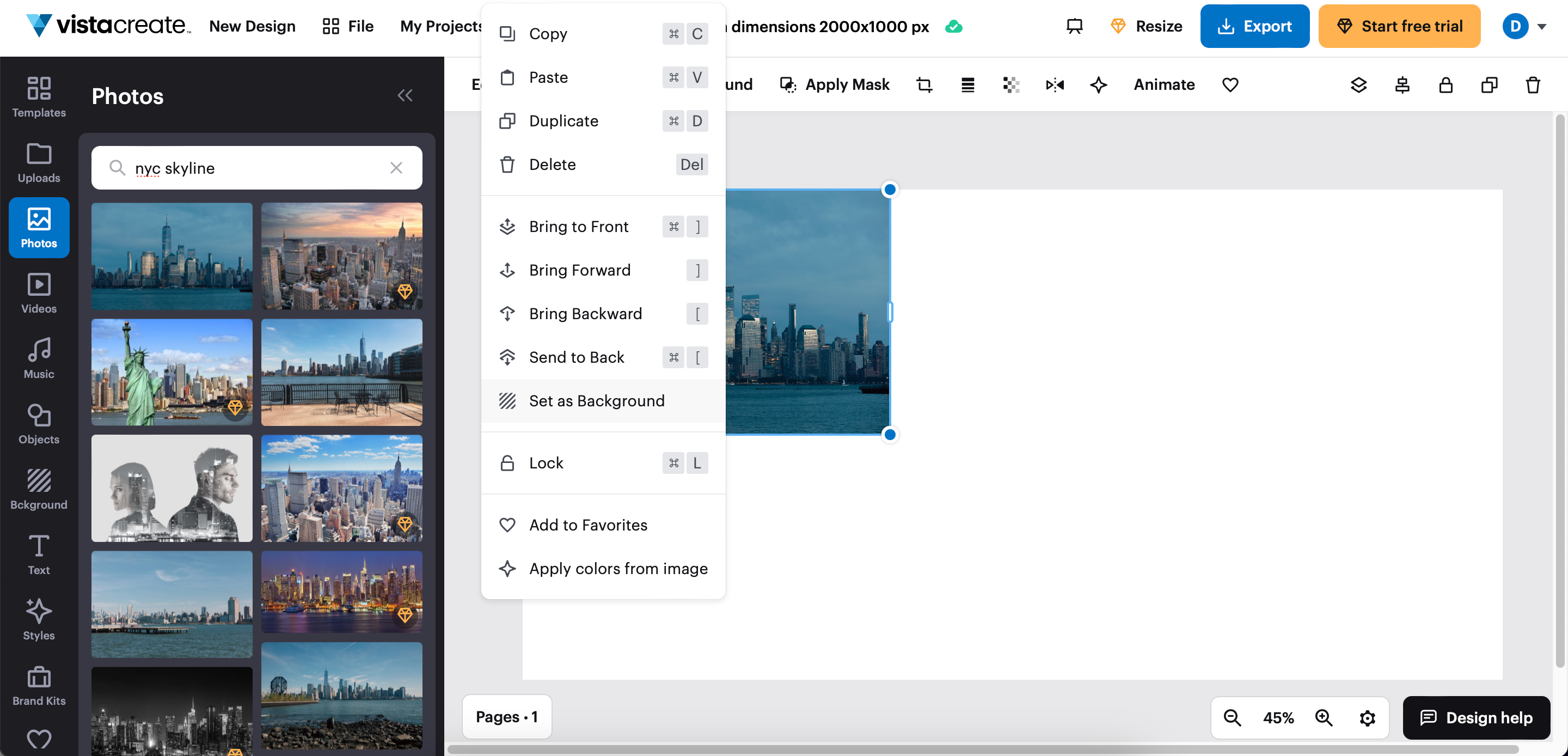Установка изображения как фон в VistaCreate