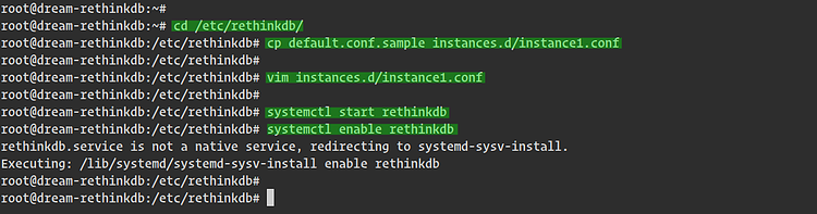 Вывод systemctl при запуске RethinkDB, пример состояния сервиса