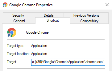 Окно свойств ярлыка Chrome с полем «Объект»