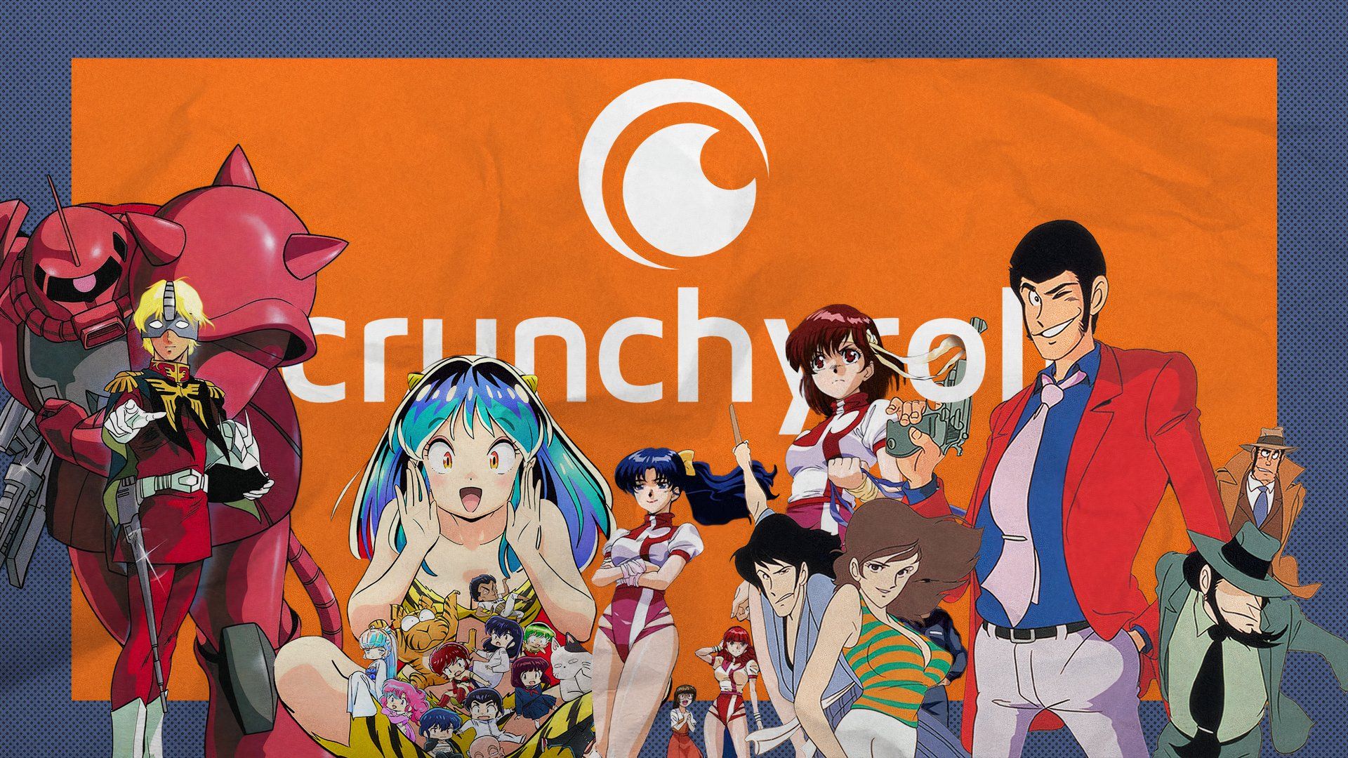 Логотип Crunchyroll окружён ретро‑персонажами аниме.