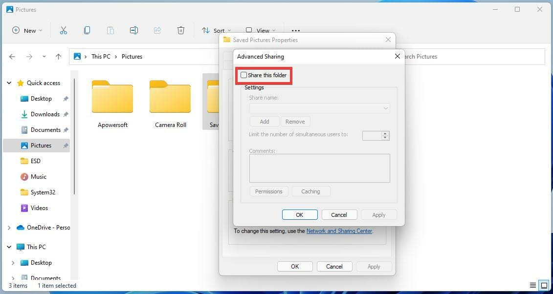 Чекбокс для включения общего доступа к папке