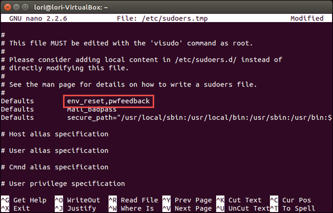 Изменённая строка env_reset с pwfeedback