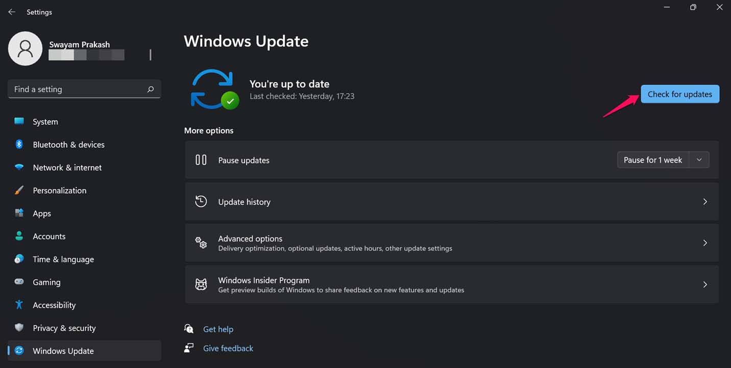 Кнопка Проверить обновления в Windows 11