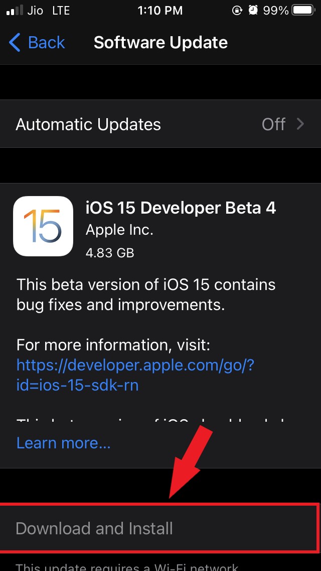 Кнопка «Загрузить и установить» обновления iOS