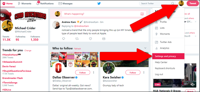 Настройки аккаунта в веб‑версии Twitter