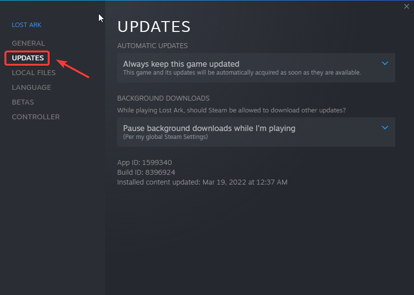 Вкладка 'Обновления' в свойствах игры Steam