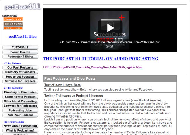 Главная страница Podcast 411 с перечнем уроков и интервью
