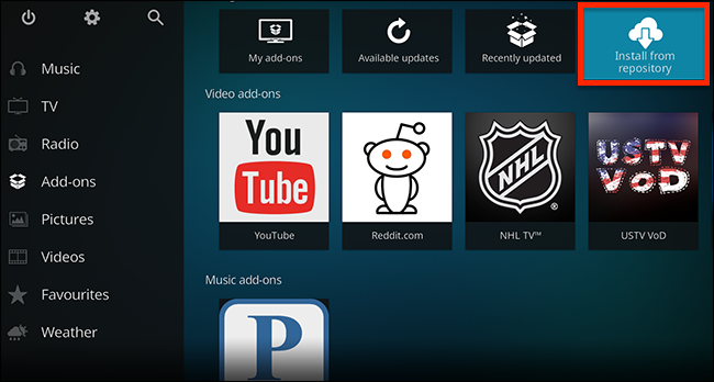 Экран установки аддона из репозитория Kodi